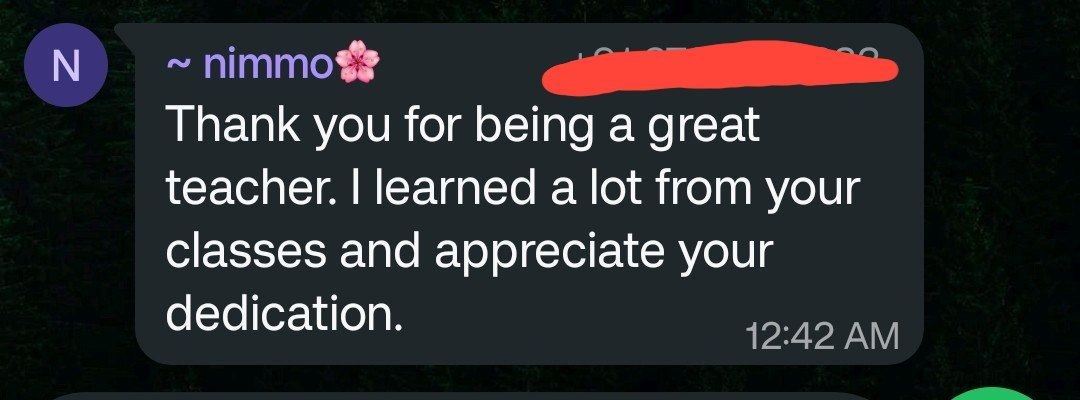 Student thank-you message to sensei